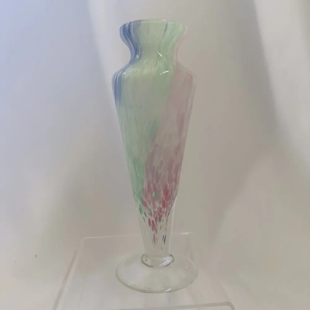 Art Glass Vase Swirl Splat Green Pink Blue White Flare Neck 9” Hand Blown